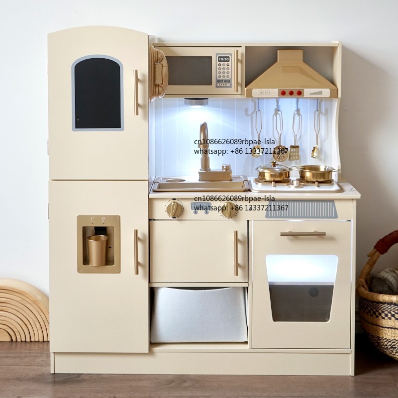 Kids Toys Kitchen Set - Pädagogisches Holz-Spielküchen-Set mit Realistischen Licht- und