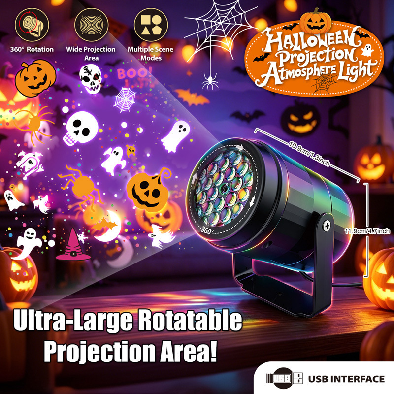 Kids Yard Toys - Halloween-Weihnachts-LED-Projektorlicht 360 ° Rotierendes USB-betriebenes 16-Muster-Kürbis-Schneeflocken-Kinderspielzeug