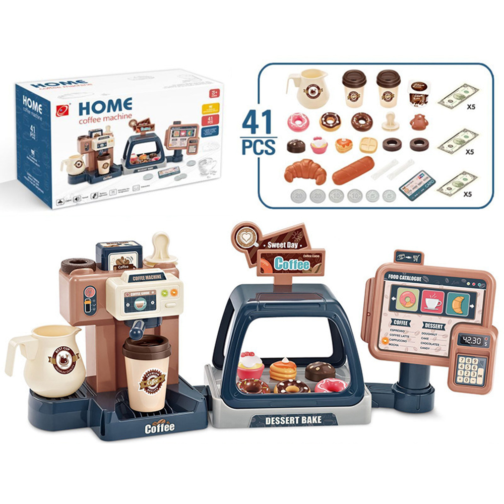 Toy Cash Register - 3-in-1-Kaffeemaschinen-Spielzeugset, Küchenspielzeug, Simulationsessen, Brot, Kaffee, Kuchen,